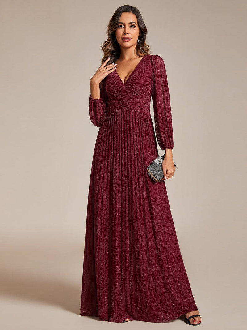 Long Sleeve Shimmery Evening Dress with Flowing Pleats