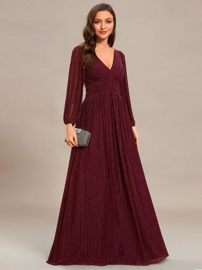 Sparkle Long Sleeve Wedding Guest Dress with A-line Silhouette #color_Burgundy