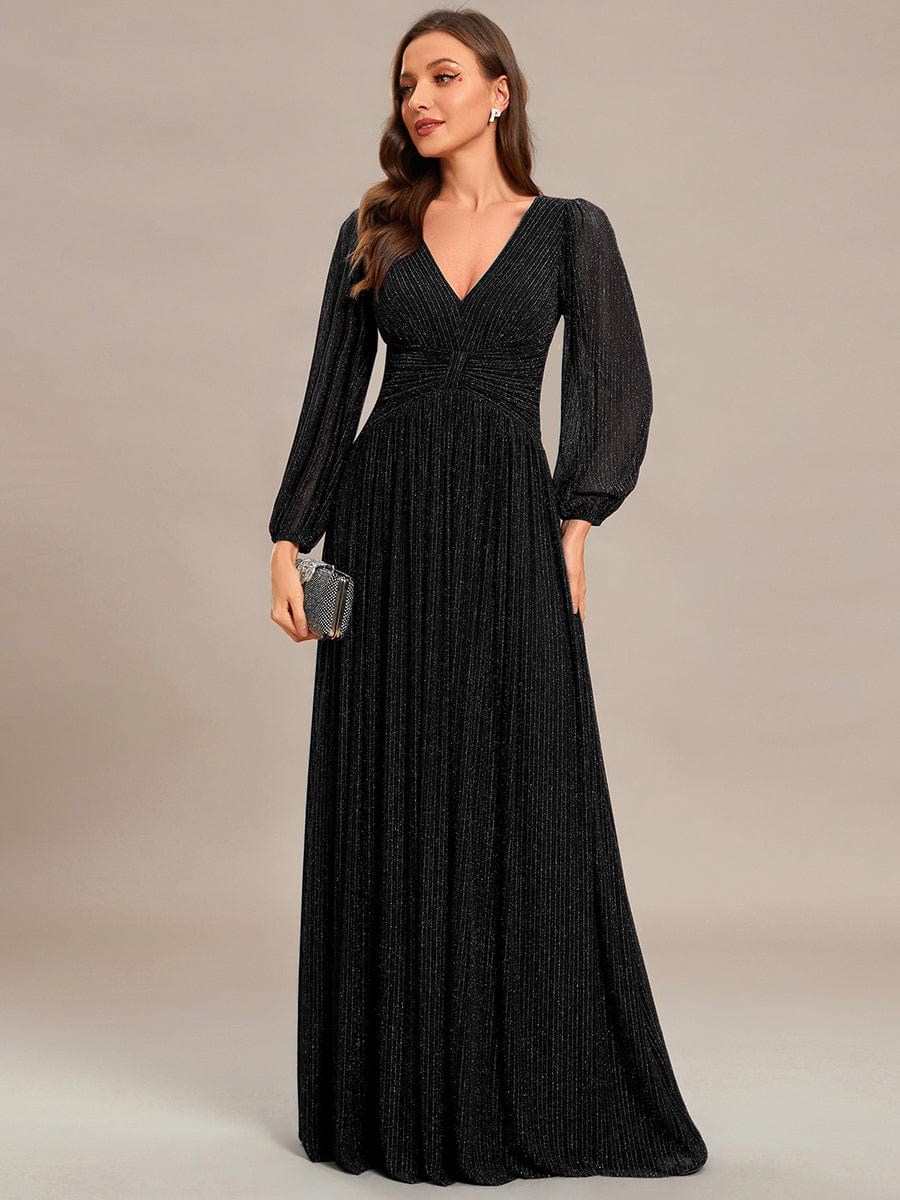 Long Sleeve Shimmery Evening Dress with Flowing Pleats