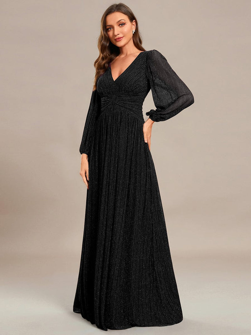 Long Sleeve Shimmery Evening Dress with Flowing Pleats