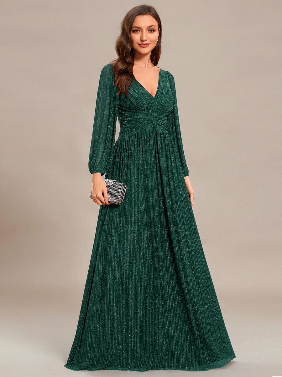 Sparkle Long Sleeve Formal Evening Dress with A-line Silhouette #color_Dark Green