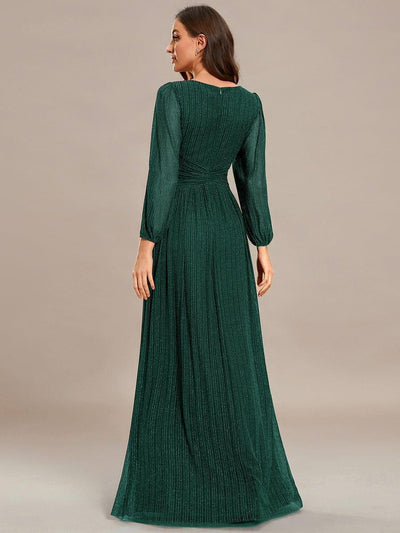 Sparkle Long Sleeve Wedding Guest Dress with A-line Silhouette #color_Dark Green