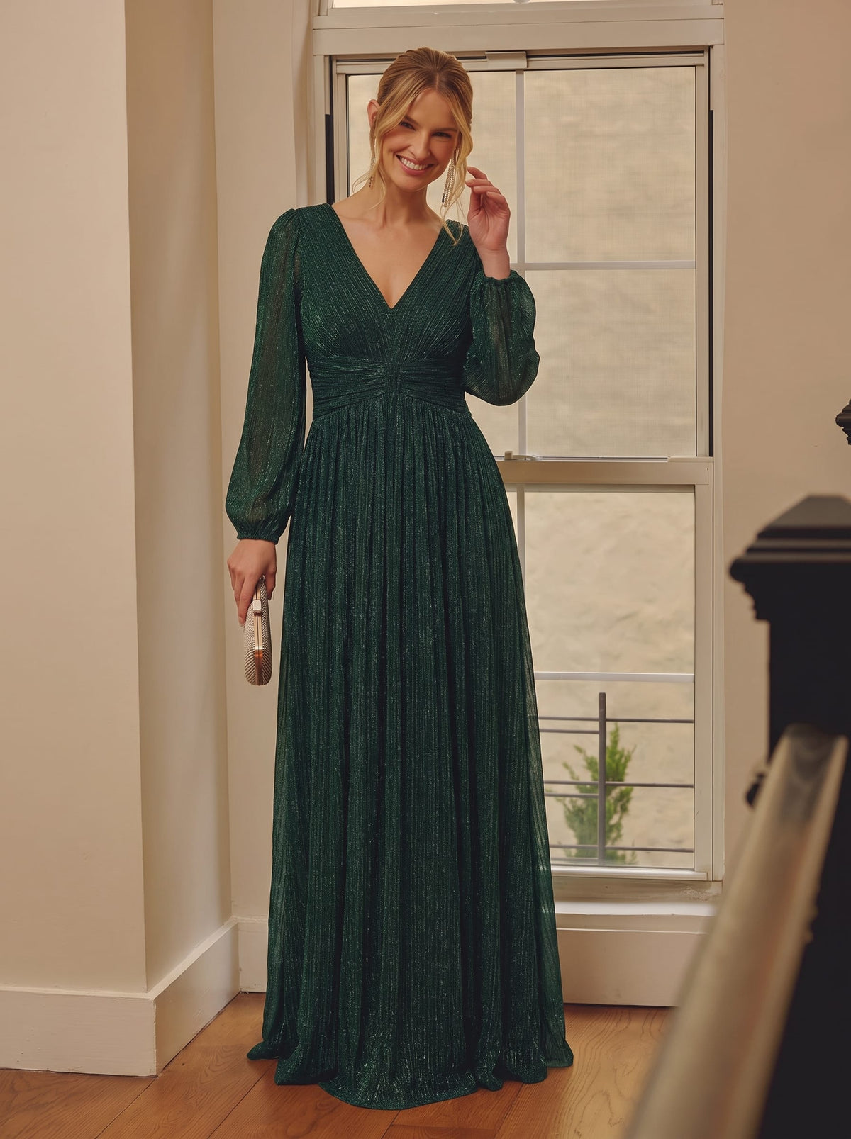 Sparkle Long Sleeve Formal Evening Dress with A-line Silhouette #color_Dark Green