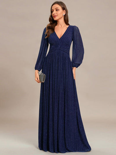 Sparkle Long Sleeve Wedding Guest Dress with A-line Silhouette #color_Navy Blue