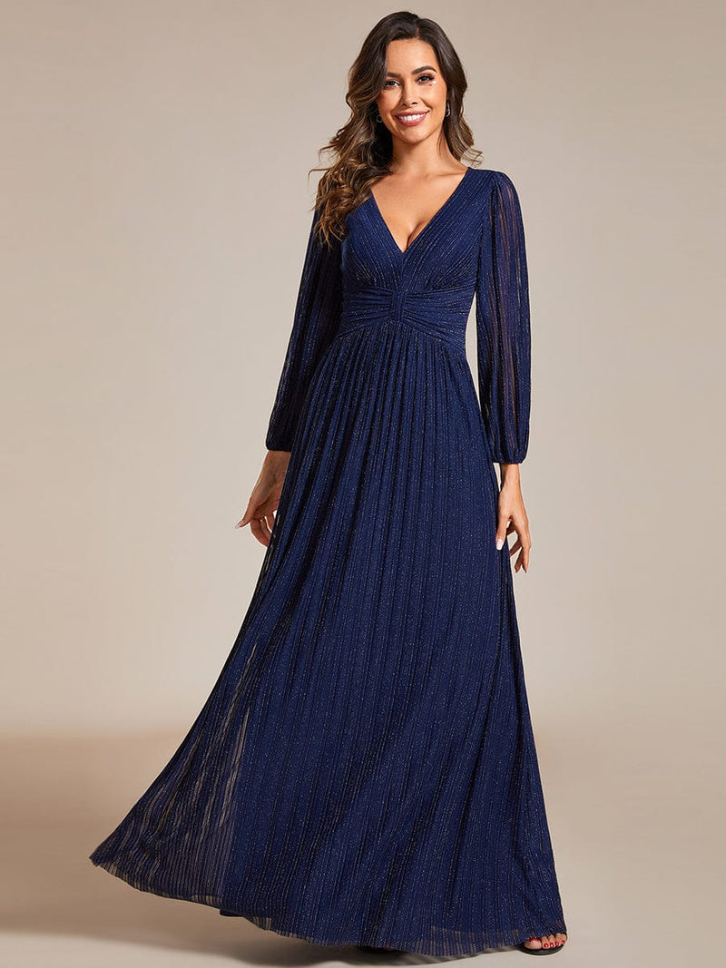 Long Sleeve Shimmery Evening Dress with Flowing Pleats
