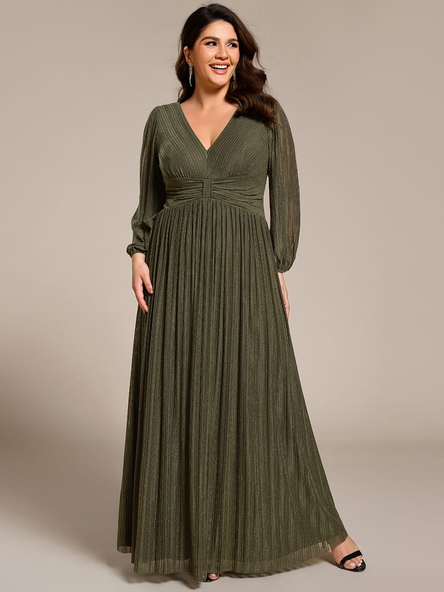 Sparkle Long Sleeve Wedding Guest Dress with A-line Silhouette #color_Olive Green