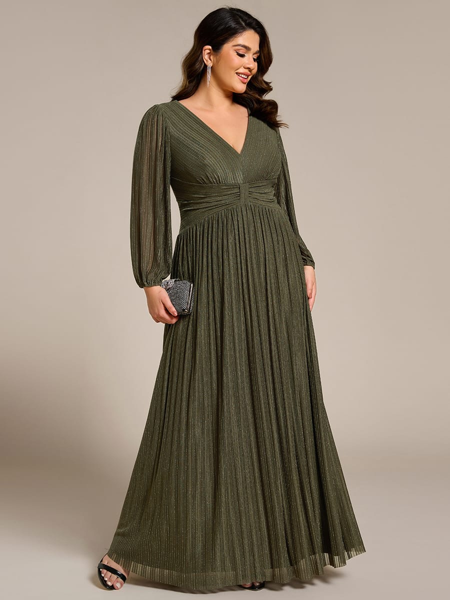 Sparkle Long Sleeve Wedding Guest Dress with A-line Silhouette #color_Olive Green