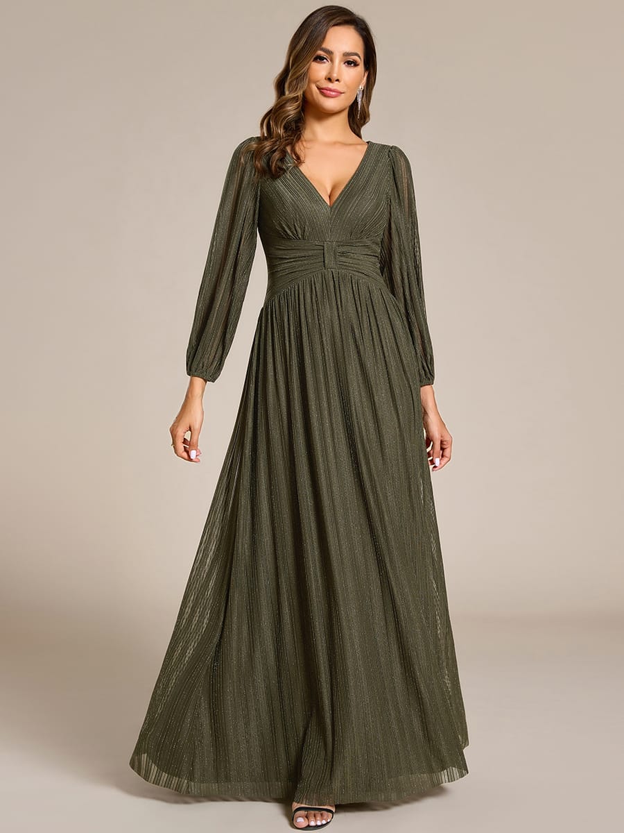 Sparkle Long Sleeve Wedding Guest Dress with A-line Silhouette #color_Olive Green