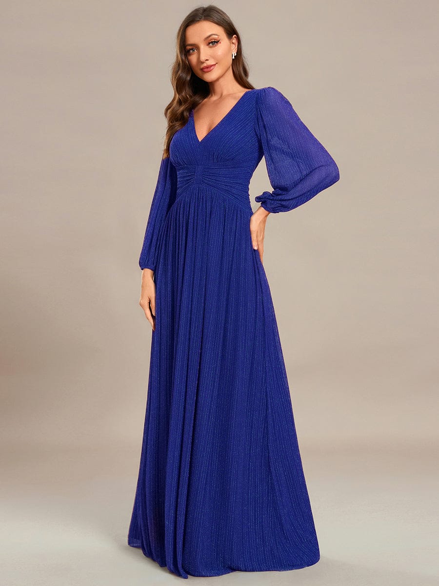 Sparkle Long Sleeve Formal Evening Dress with A-line Silhouette #color_Sapphire Blue
