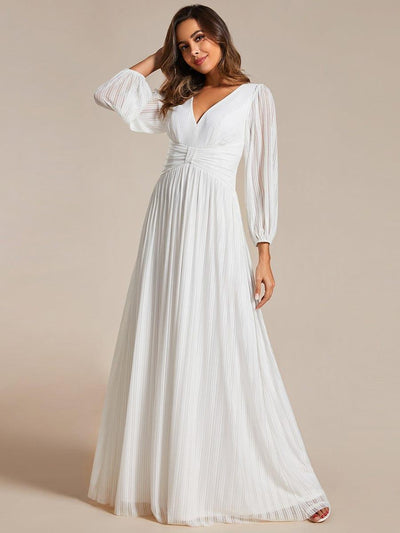Sparkle Long Sleeve Wedding Guest Dress with A-line Silhouette #color_White