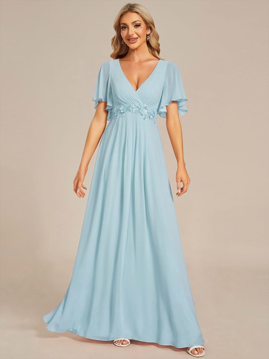 Elegant Chiffon Applique Evening Dress with Flutter Sleeves #color_Sky Blue