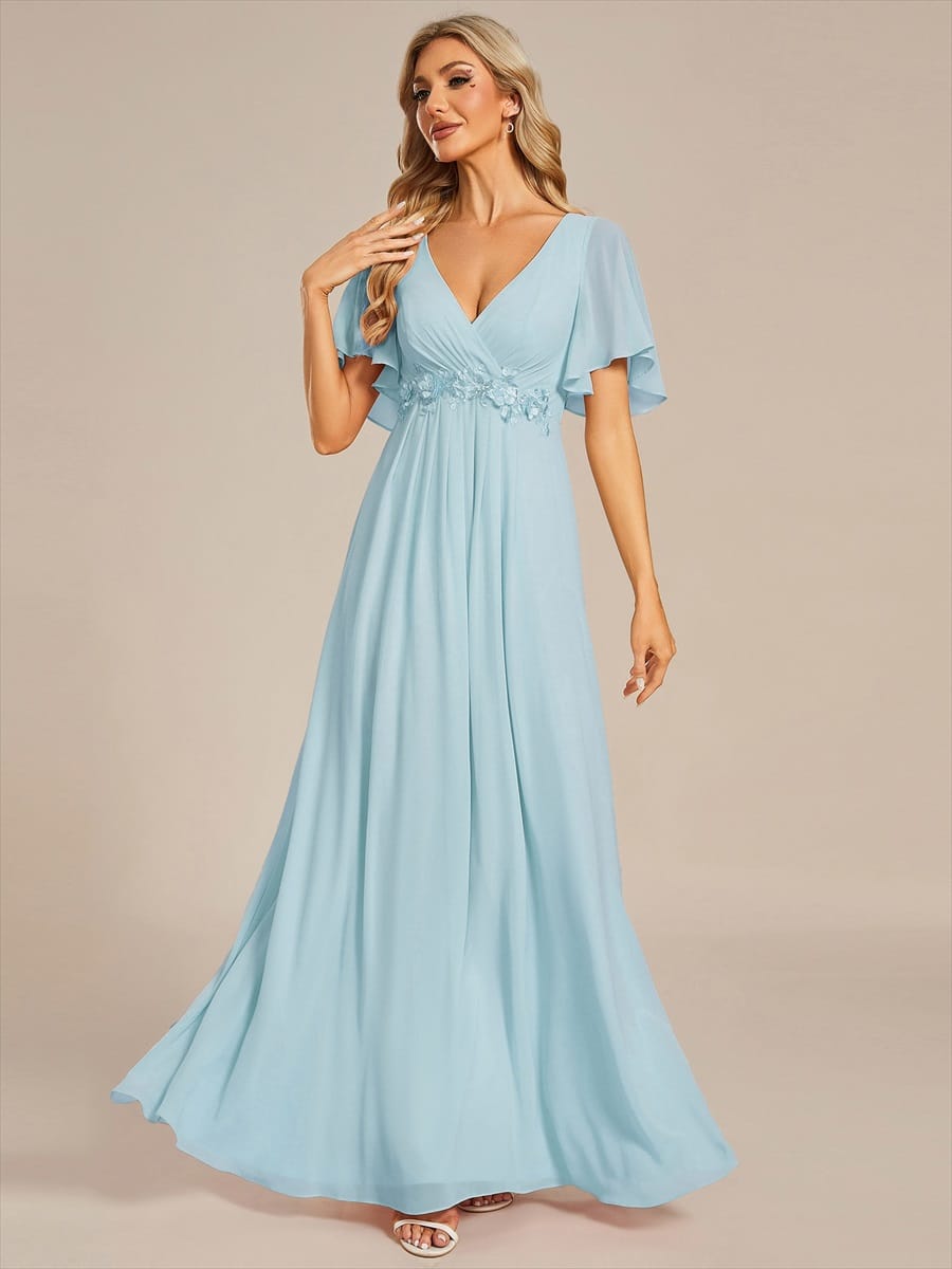 Elegant Chiffon Applique Evening Dress with Flutter Sleeves #color_Sky Blue
