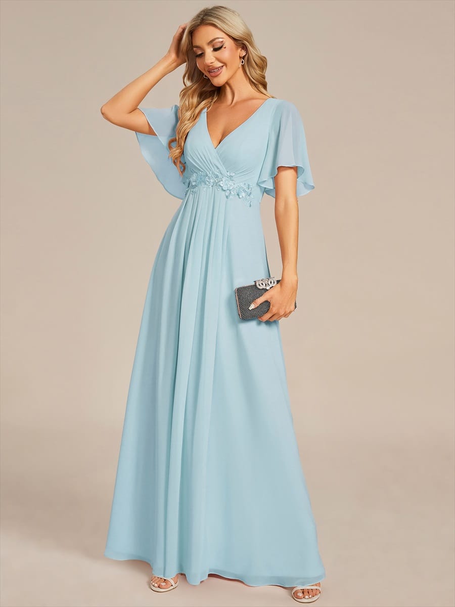 Elegant Chiffon Applique Evening Dress with Flutter Sleeves #color_Sky Blue