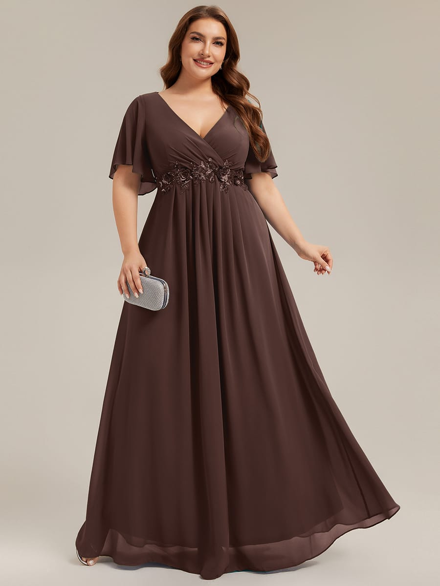 Elegant Chiffon Applique Evening Dress with Flutter Sleeves #color_Chocolate Brown