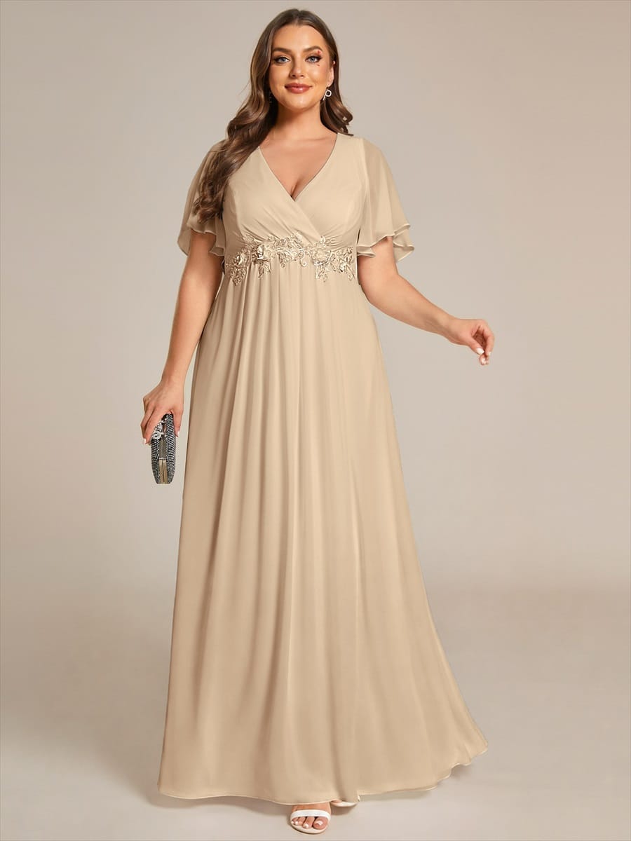 Plus Size Applique Short Sleeve A-Line Chiffon Evening Dress #color_Champagne