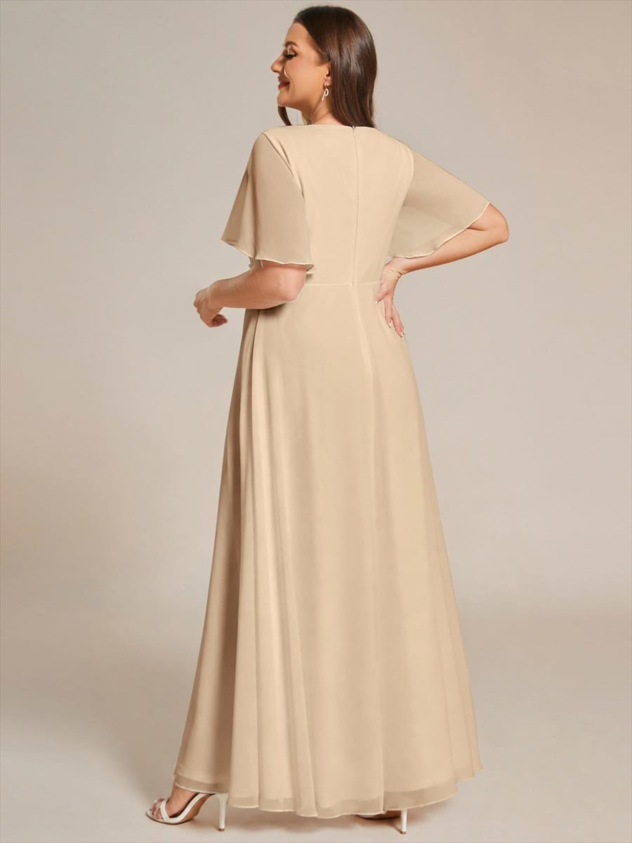 Plus Size Applique Short Sleeve A-Line Chiffon Evening Dress #color_Champagne