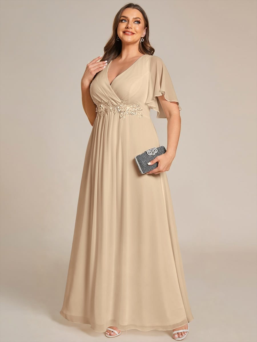 Plus Size Applique Short Sleeve A-Line Chiffon Evening Dress #color_Champagne