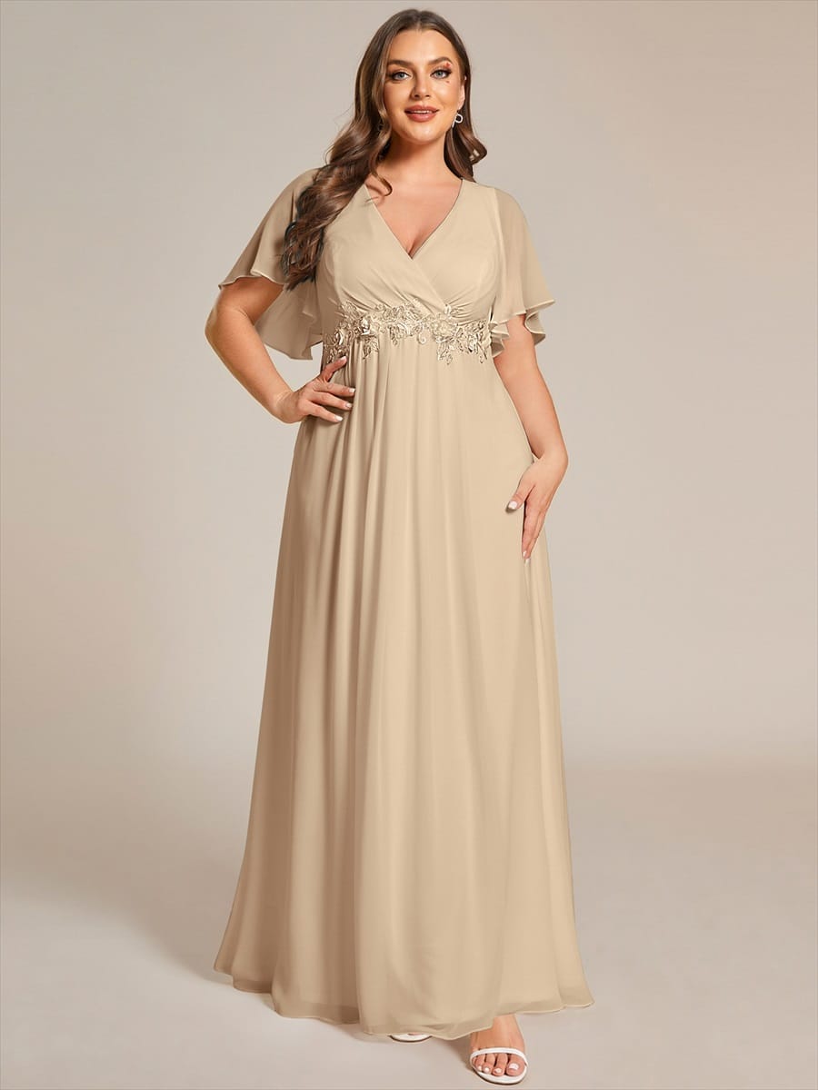Plus Size Applique Short Sleeve A-Line Chiffon Evening Dress #color_Champagne