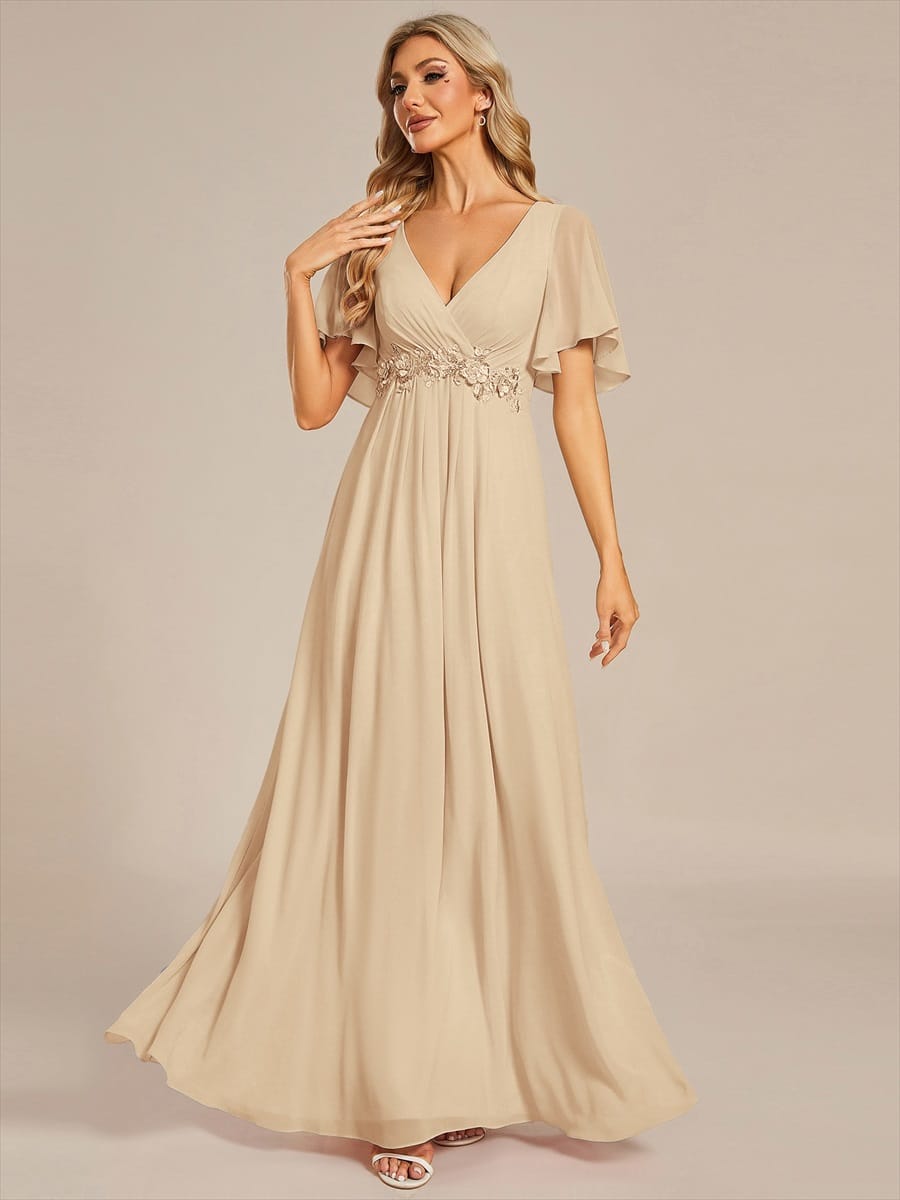 Elegant Chiffon Applique Evening Dress with Flutter Sleeves #color_Champagne
