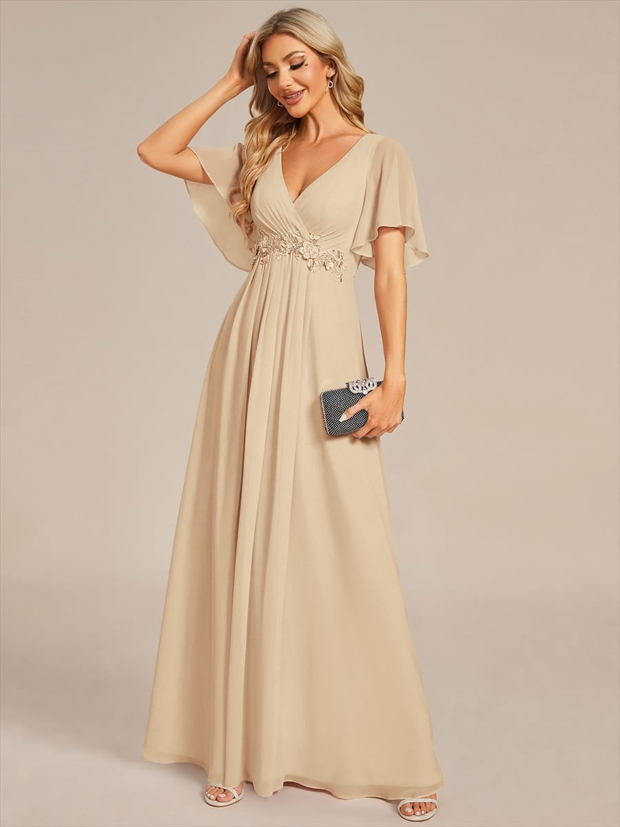 Elegant Chiffon Applique Evening Dress with Flutter Sleeves #color_Champagne