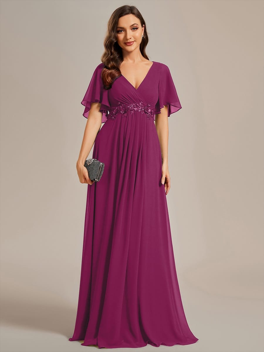 Elegant Chiffon Applique Evening Dress with Flutter Sleeves #color_Dusk Rose