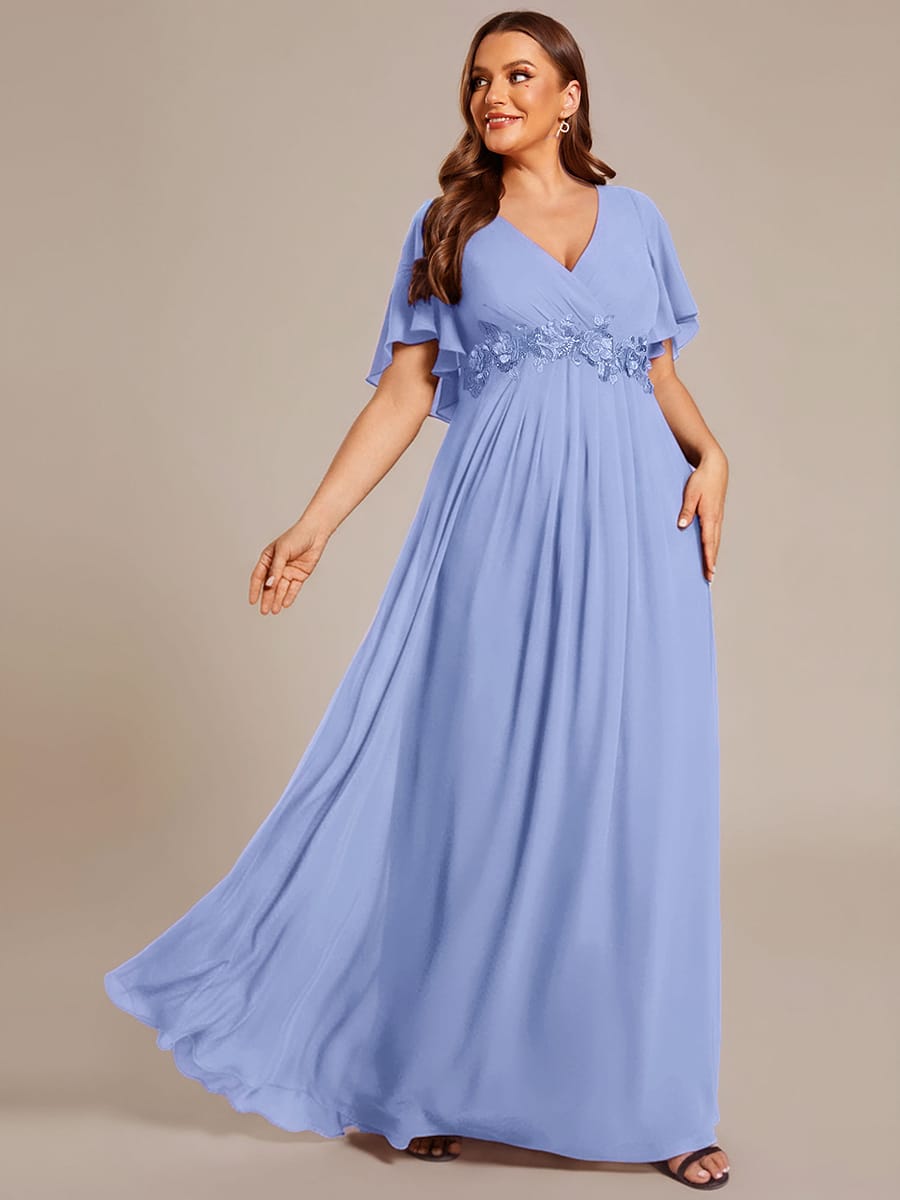 Elegant Chiffon Applique Evening Dress with Flutter Sleeves #color_Cornflower Blue
