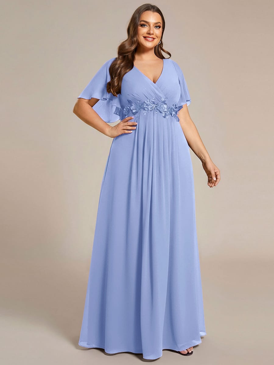 Elegant Chiffon Applique Evening Dress with Flutter Sleeves #color_Cornflower Blue