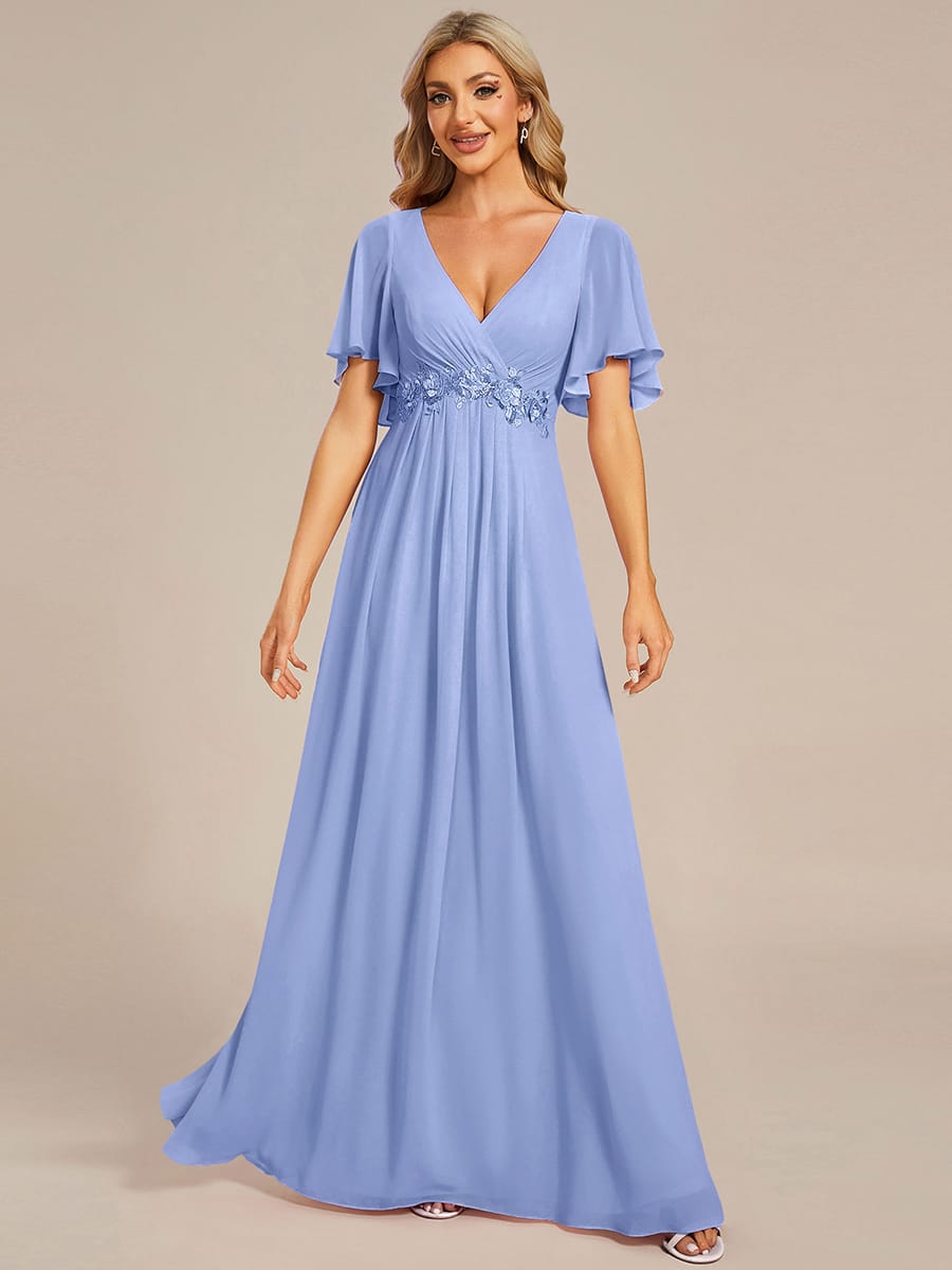 Elegant Chiffon Applique Evening Dress with Flutter Sleeves #color_Cornflower Blue