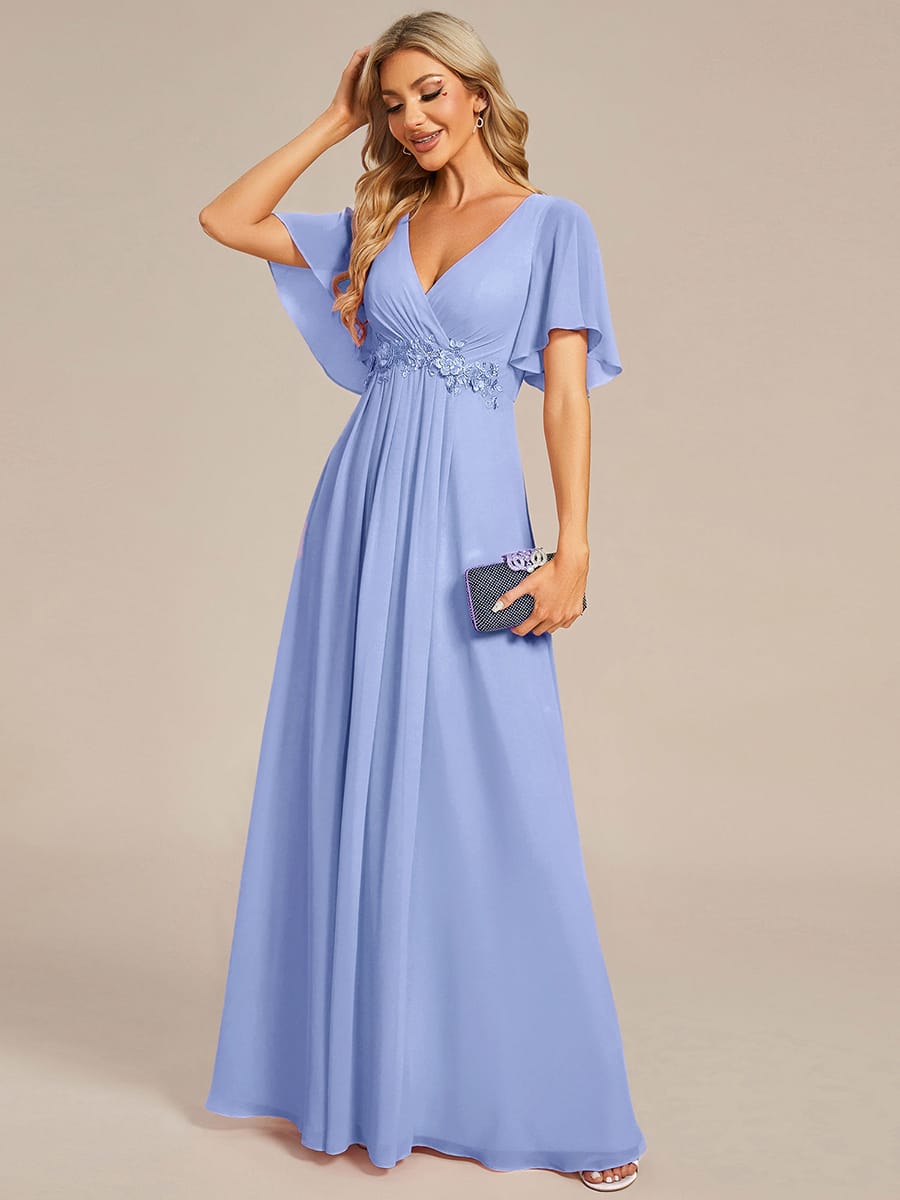 Elegant Chiffon Applique Evening Dress with Flutter Sleeves #color_Cornflower Blue