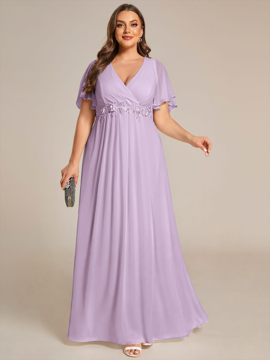 Elegant Chiffon Applique Evening Dress with Flutter Sleeves #color_Frosted Lilac