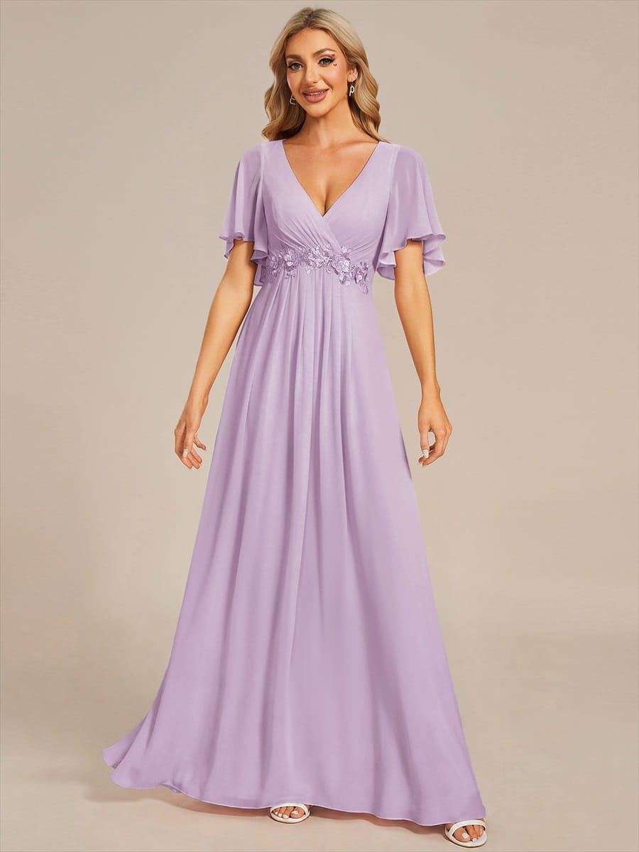 Elegant Chiffon Applique Evening Dress with Flutter Sleeves #color_Frosted Lilac