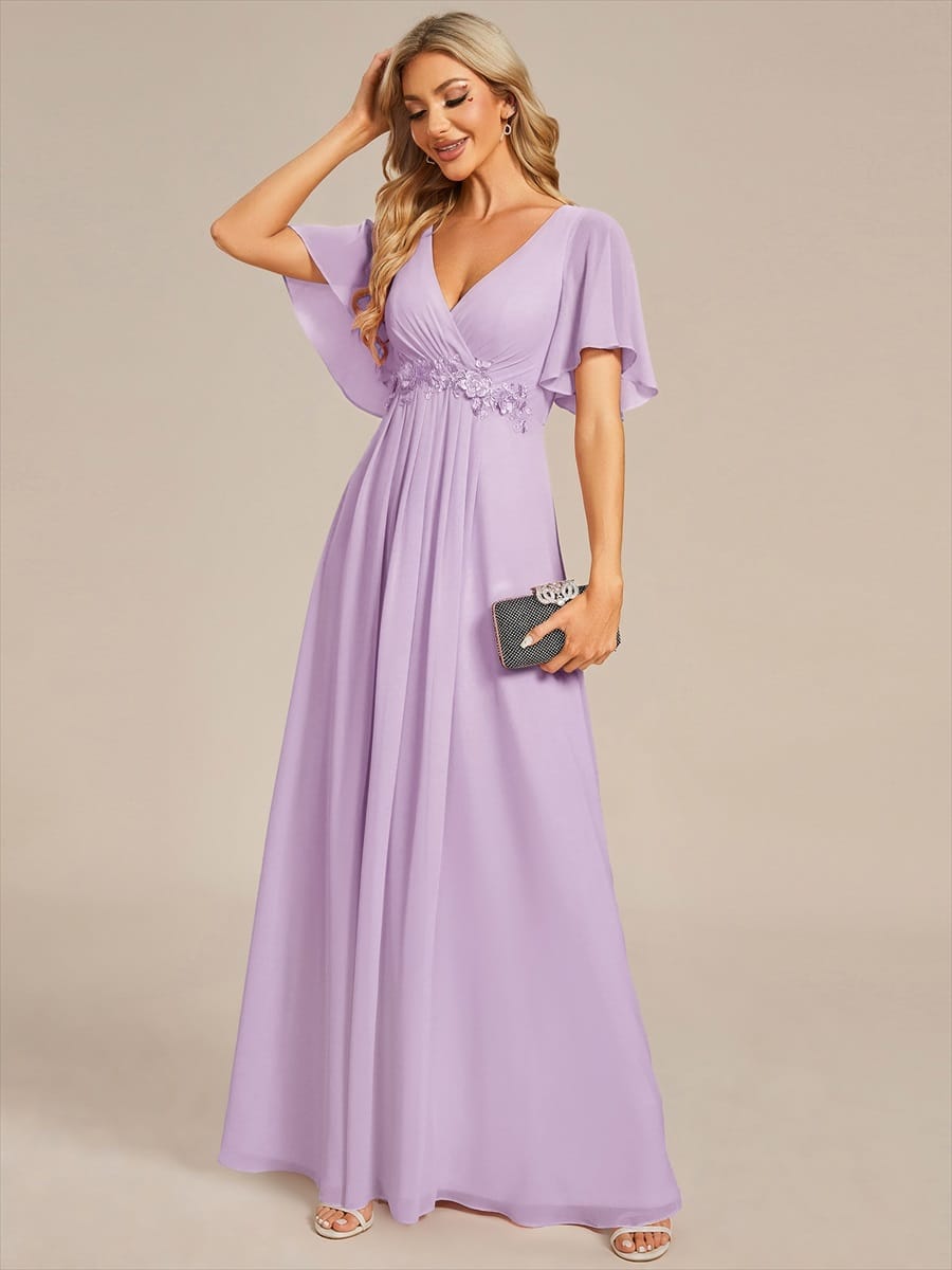 Elegant Chiffon Applique Evening Dress with Flutter Sleeves #color_Frosted Lilac