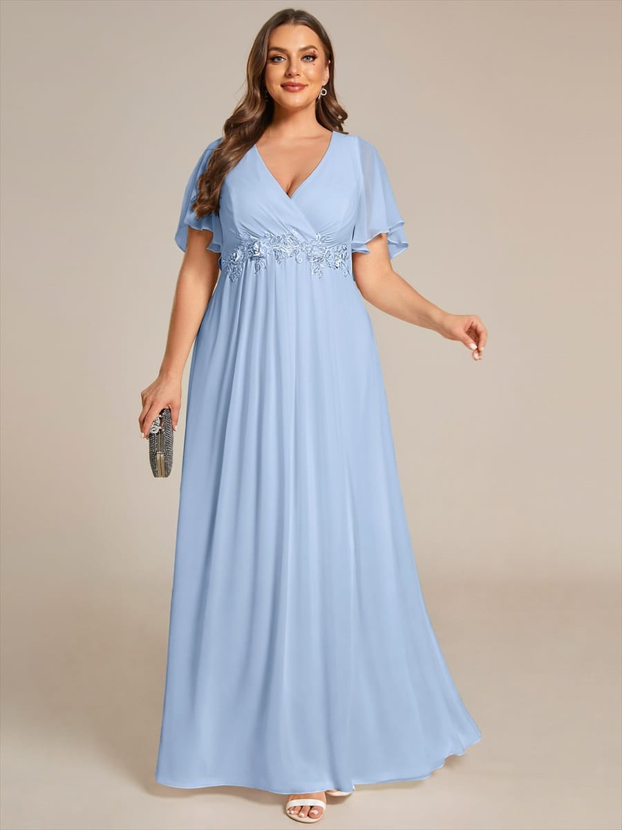 Elegant Chiffon Applique Evening Dress with Flutter Sleeves #color_Ice Blue