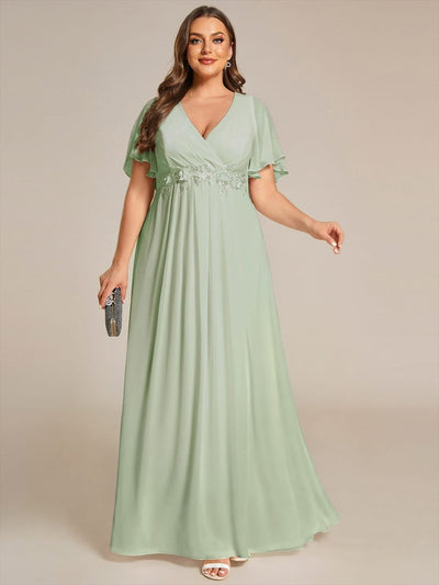 pretty IVYROSE|Plus Size Applique Short Sleeve A-Line Chiffon Evening Dress