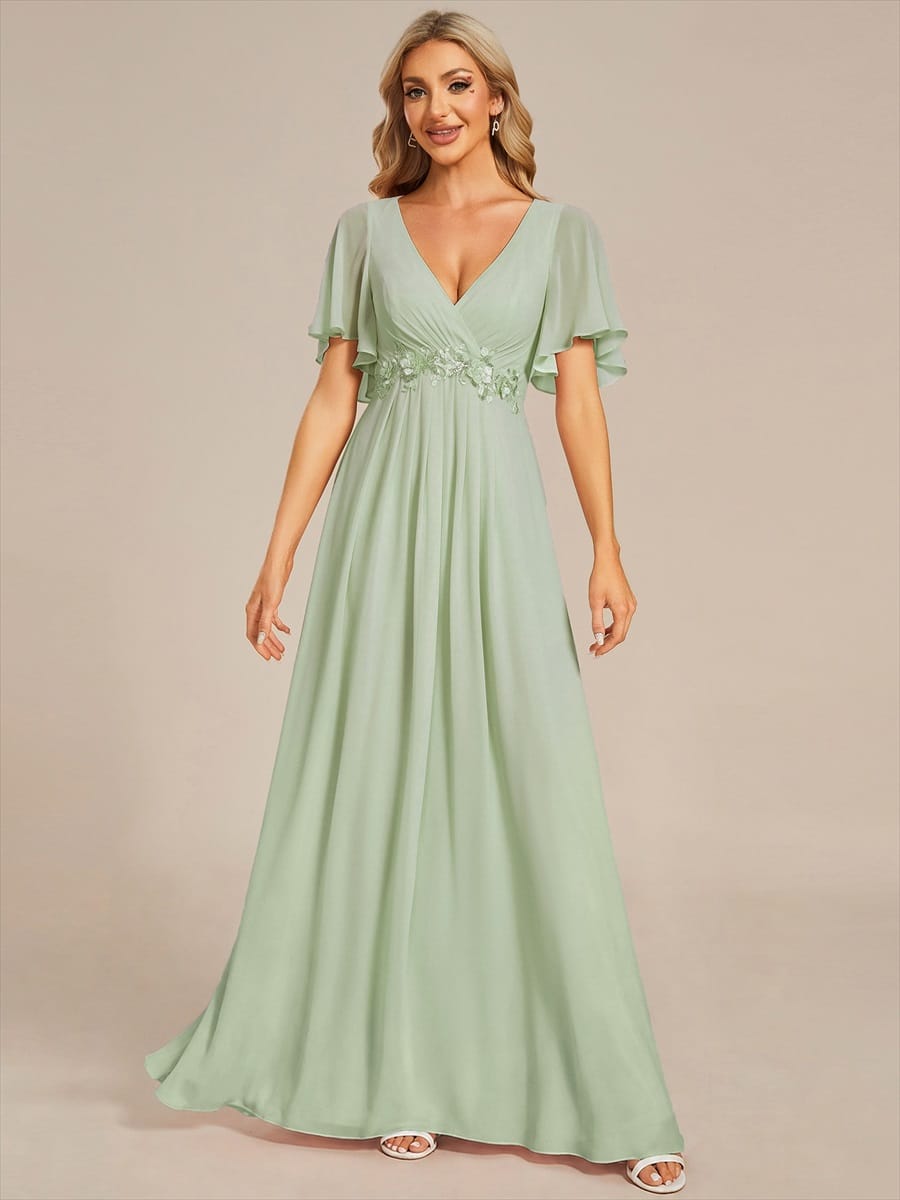 Elegant Chiffon Applique Evening Dress with Flutter Sleeves #color_Mint Green