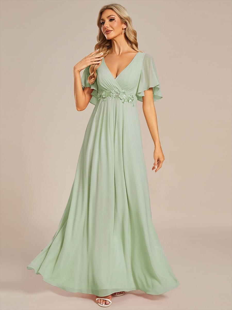 Elegant Chiffon Applique Evening Dress with Flutter Sleeves #color_Mint Green