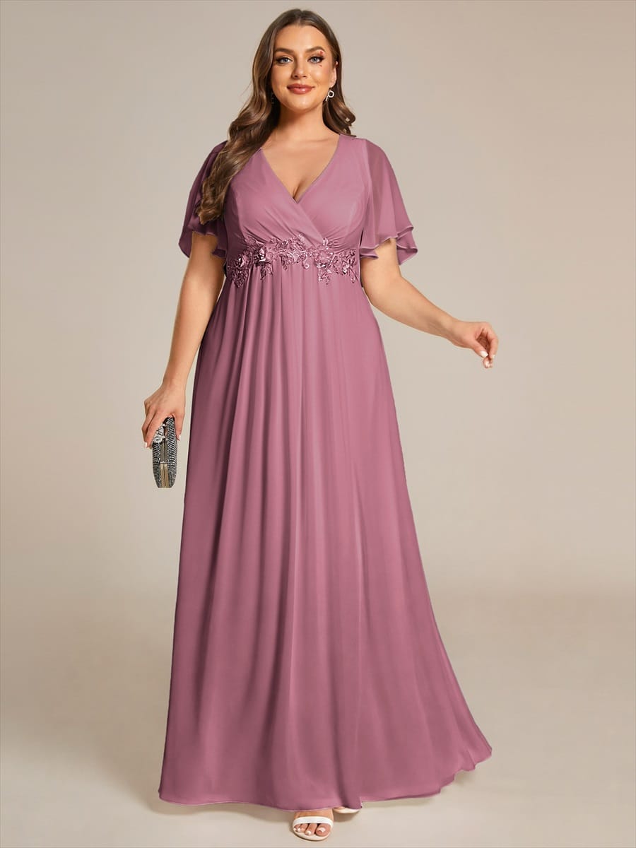 Elegant Chiffon Applique Evening Dress with Flutter Sleeves #color_Purple Orchid