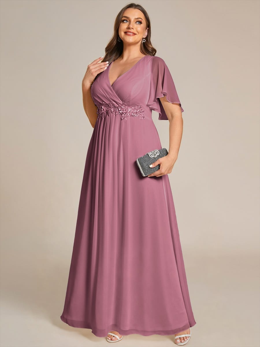 Elegant Chiffon Applique Evening Dress with Flutter Sleeves #color_Purple Orchid