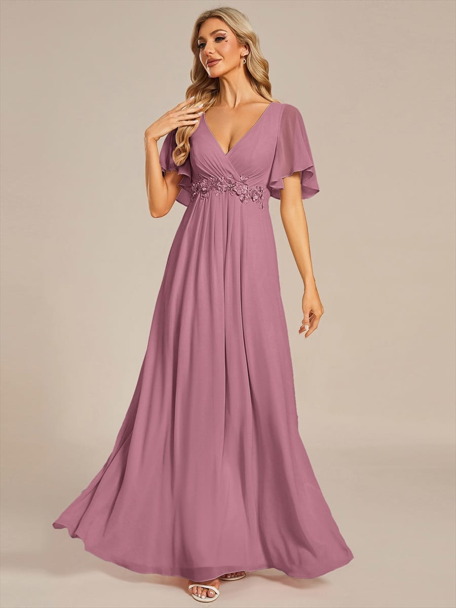 Elegant Chiffon Applique Evening Dress with Flutter Sleeves #color_Purple Orchid