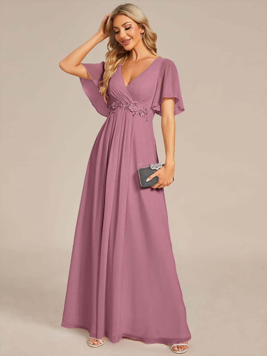 Elegant Chiffon Applique Evening Dress with Flutter Sleeves #color_Purple Orchid