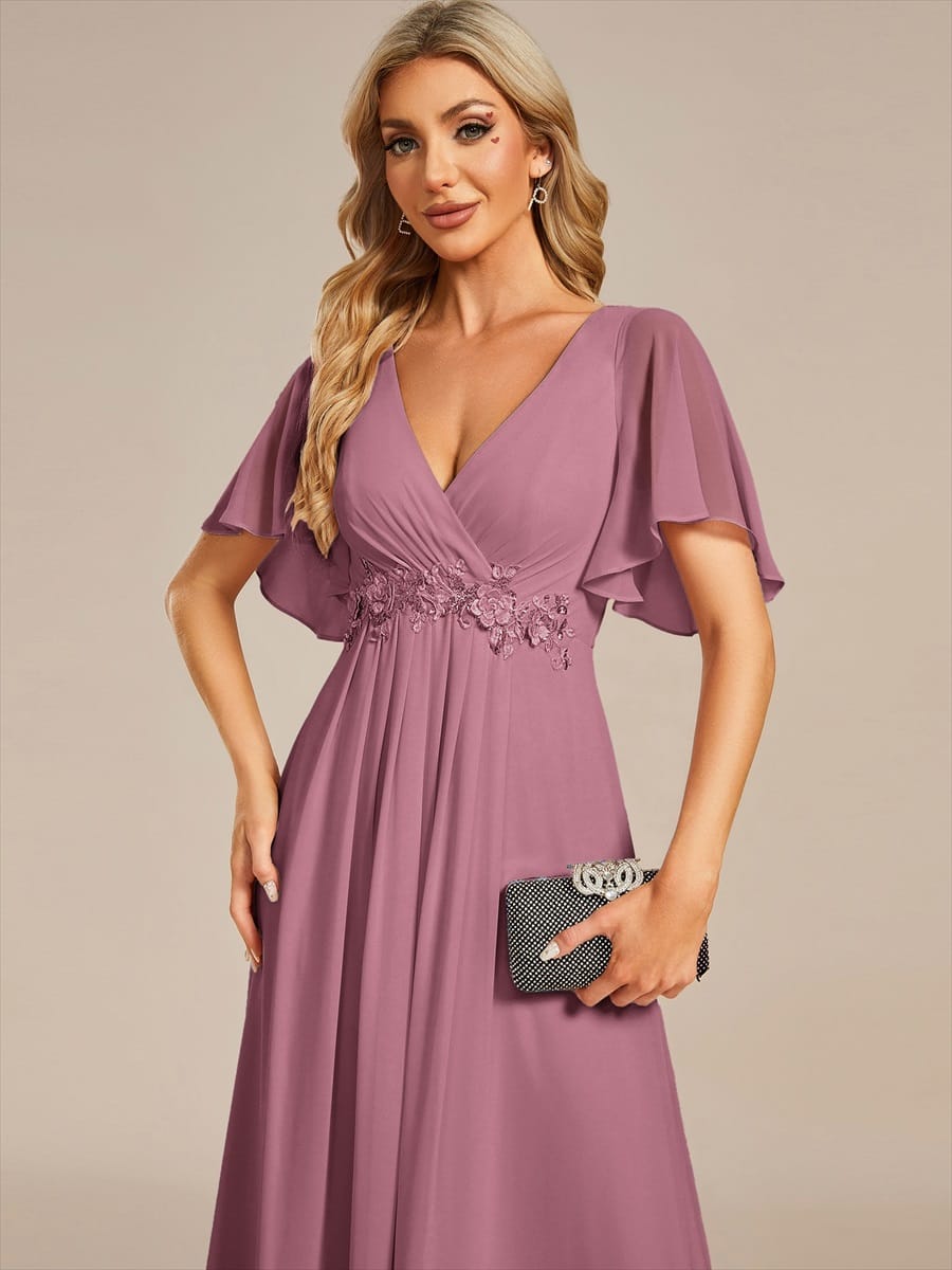Elegant Chiffon Applique Evening Dress with Flutter Sleeves #color_Purple Orchid