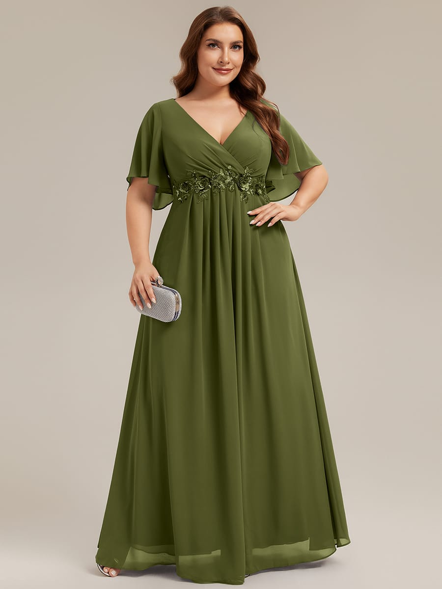 Elegant Chiffon Applique Evening Dress with Flutter Sleeves #color_Olive Green