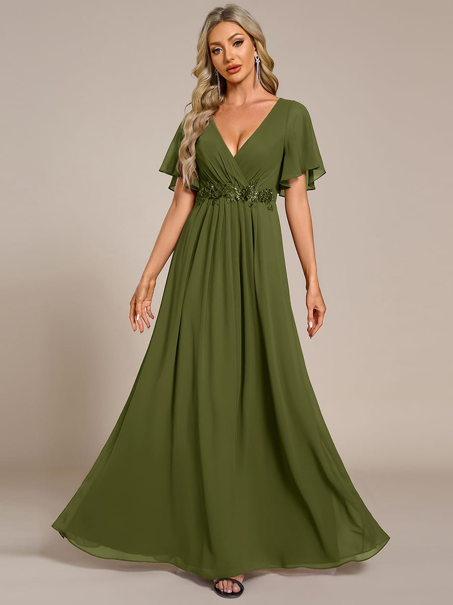 Elegant Chiffon Applique Evening Dress with Flutter Sleeves #color_Olive Green
