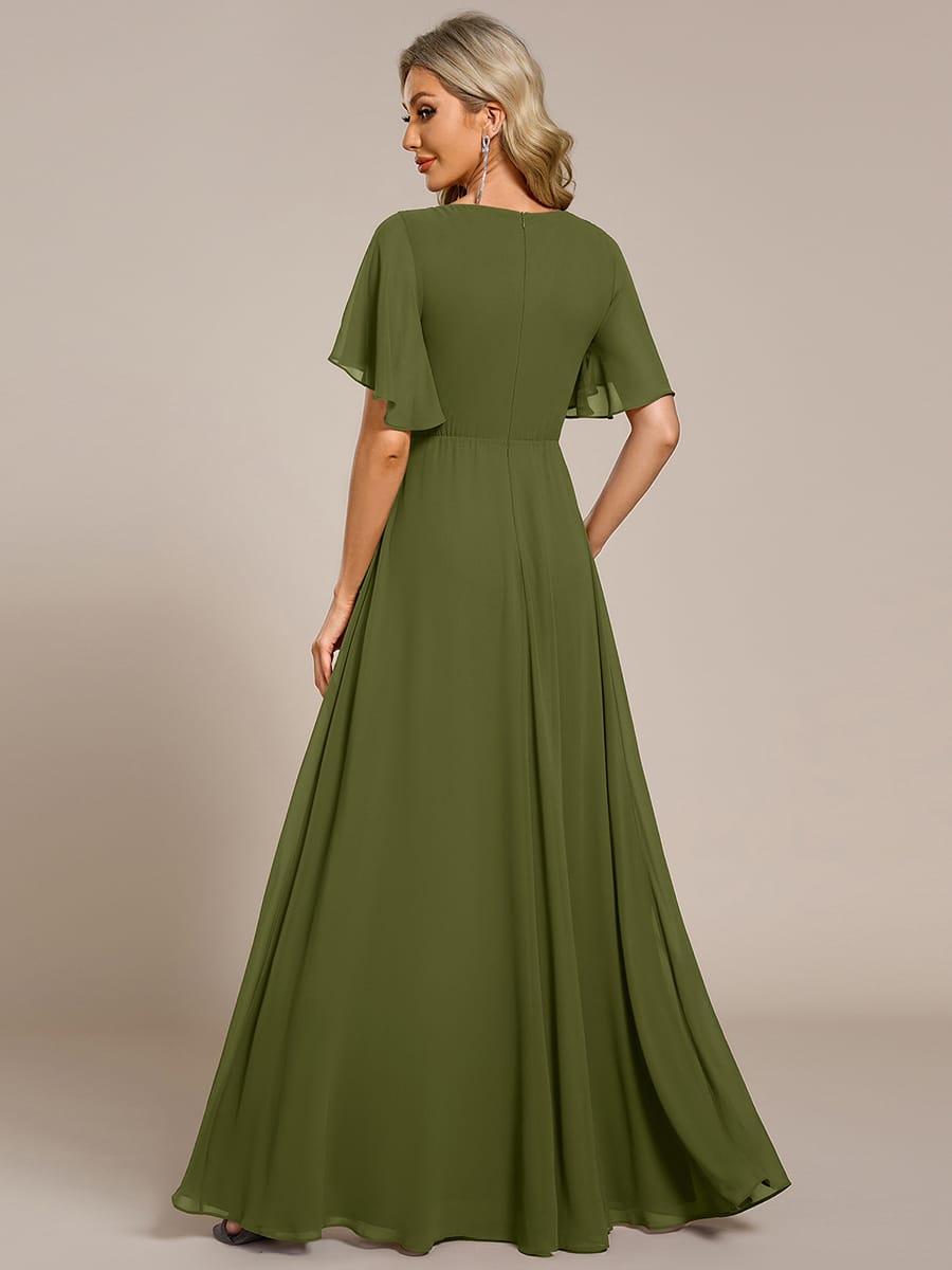 Elegant Chiffon Applique Evening Dress with Flutter Sleeves #color_Olive Green