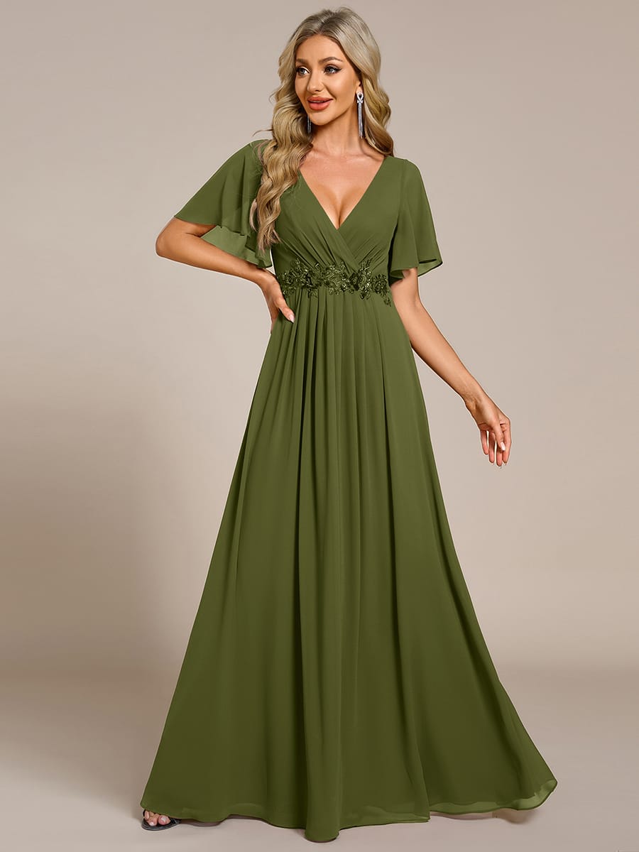 Elegant Chiffon Applique Evening Dress with Flutter Sleeves #color_Olive Green