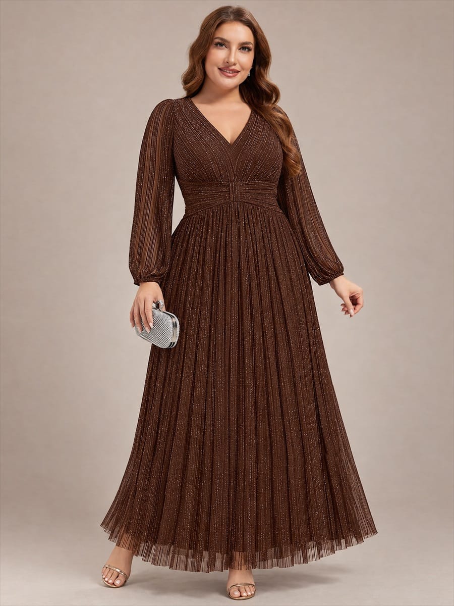Sparkle Long Sleeve Formal Evening Dress with A-line Silhouette #color_Chocolate brown