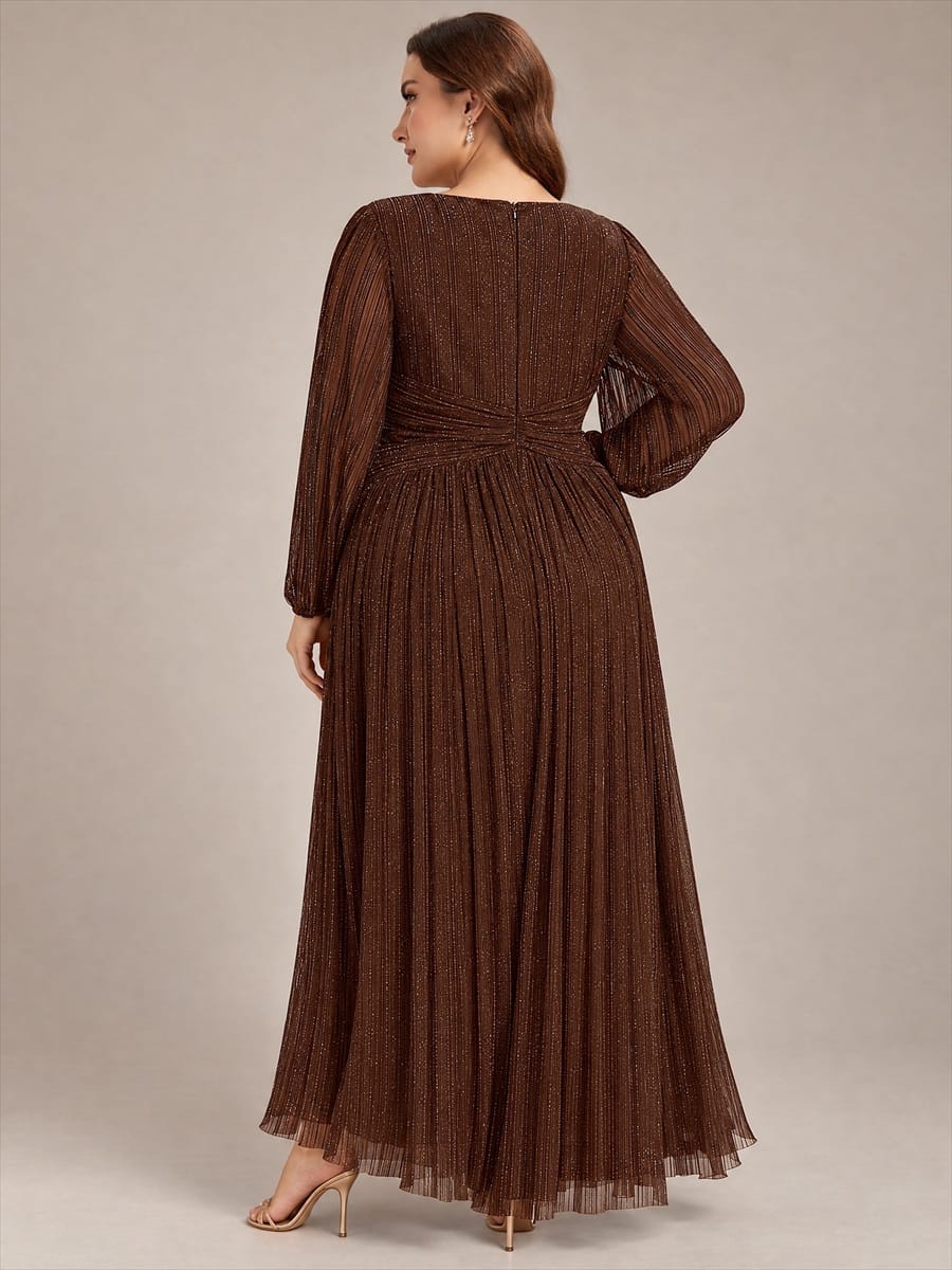 Sparkle Long Sleeve Formal Evening Dress with A-line Silhouette #color_Chocolate brown