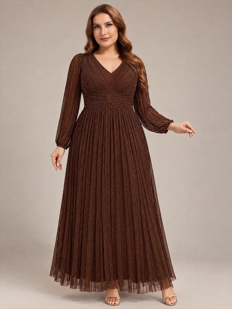 Sparkle Long Sleeve Formal Evening Dress with A-line Silhouette #color_Chocolate brown