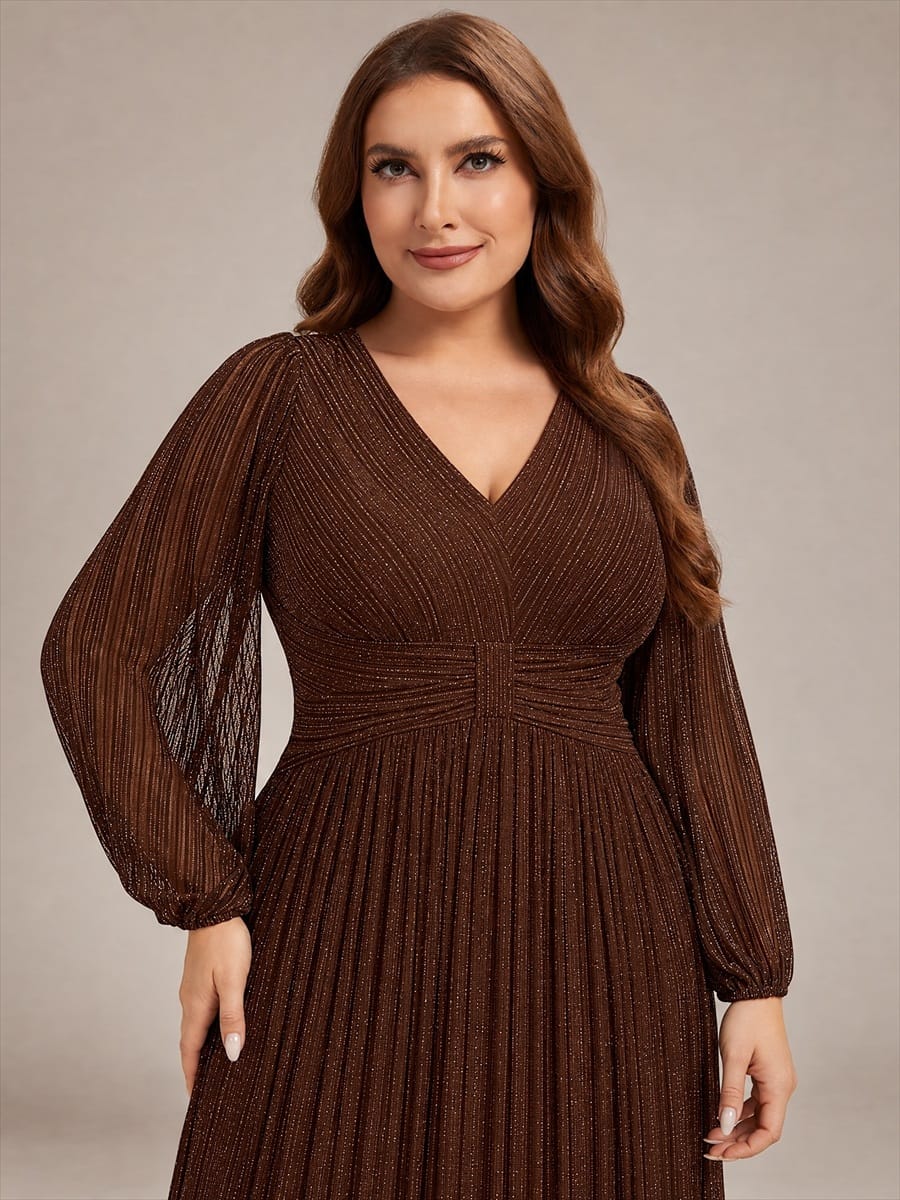 Sparkle Long Sleeve Formal Evening Dress with A-line Silhouette #color_Chocolate brown