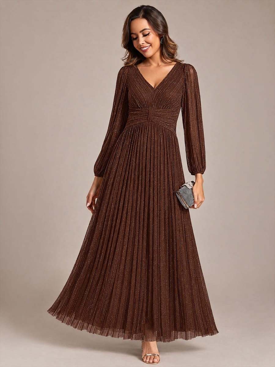 Sparkle Long Sleeve Formal Evening Dress with A-line Silhouette #color_Chocolate brown